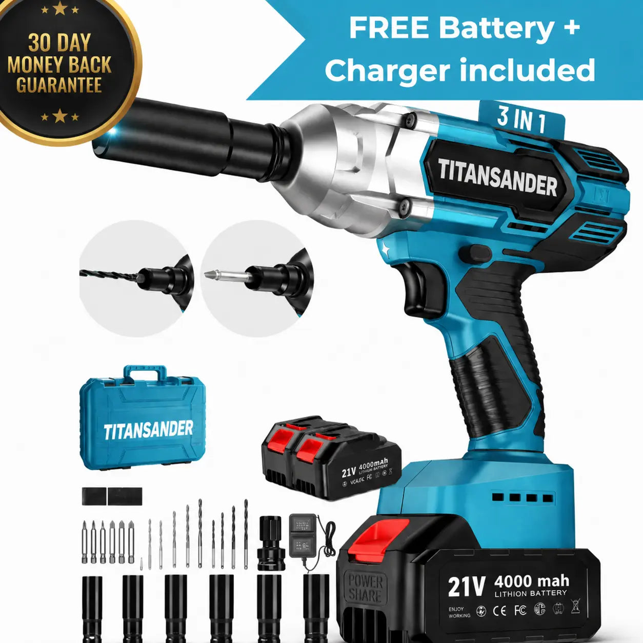 TITANSANDER P2 Pro -  Cordless Electric Impact Wrench 3-in-1 Battery Impact Wrench/Impact Driver + FREE Battery + Charger