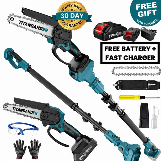 TITANSANDER G2 Pro Cordless 2-in-1 Pole Saw & Mini Chainsaw – 15cm Electric Tree Trimmer with Extension Pole +🎁 FREE BATTERY & CHARGER