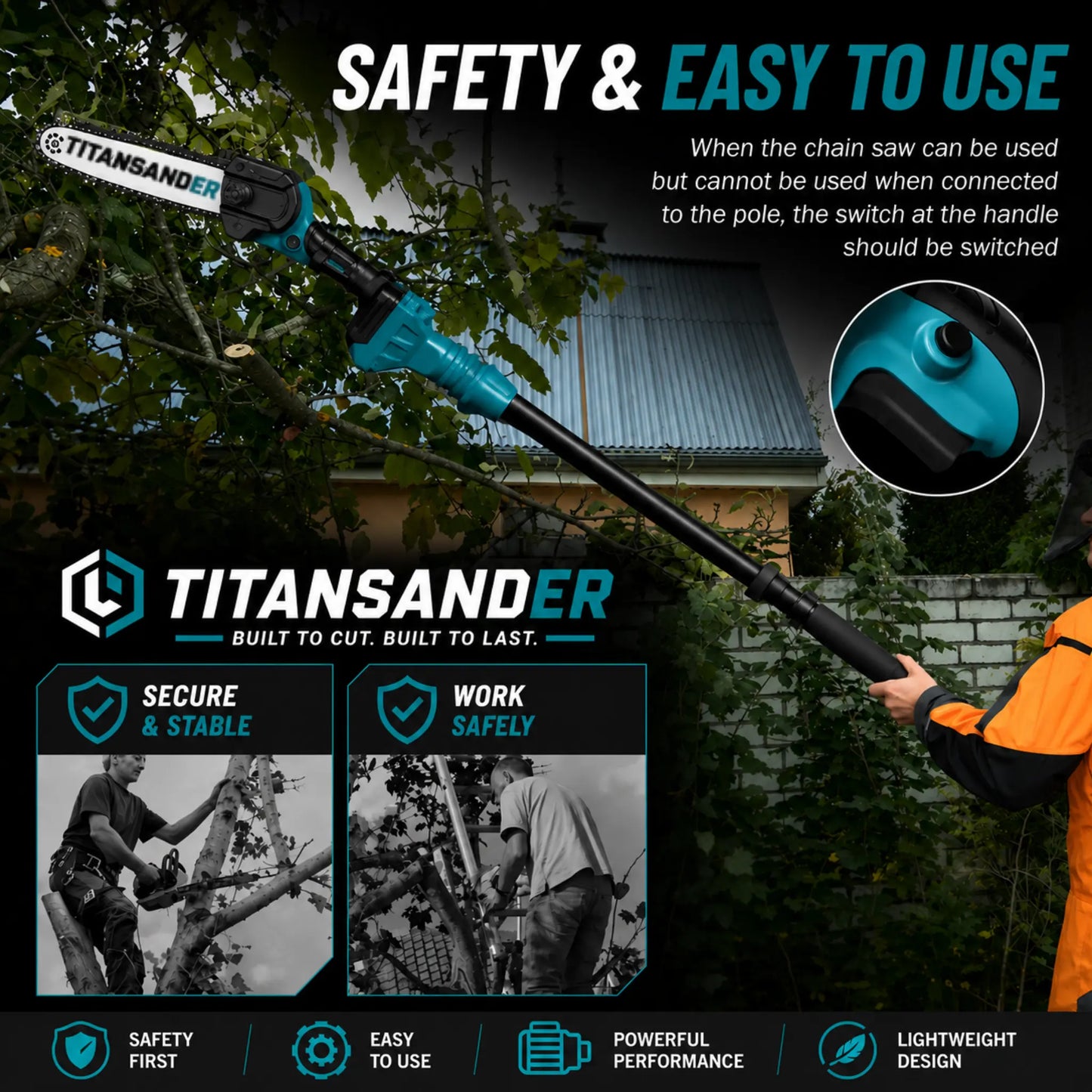 TITANSANDER G2 Pro Cordless 2-in-1 Pole Saw & Mini Chainsaw – 15cm Electric Tree Trimmer with Extension Pole +🎁 FREE BATTERY & CHARGER