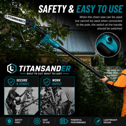 TITANSANDER G2 Pro Cordless 2-in-1 Pole Saw & Mini Chainsaw – 15cm Electric Tree Trimmer with Extension Pole +🎁 FREE BATTERY & CHARGER